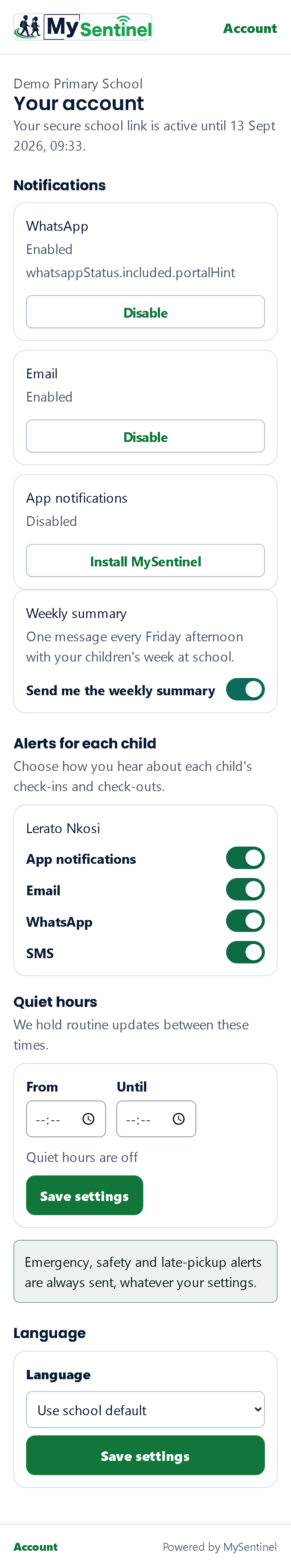 Settings: your language first, then the channels the school can reach you on, and everything else in the order a parent needs it.