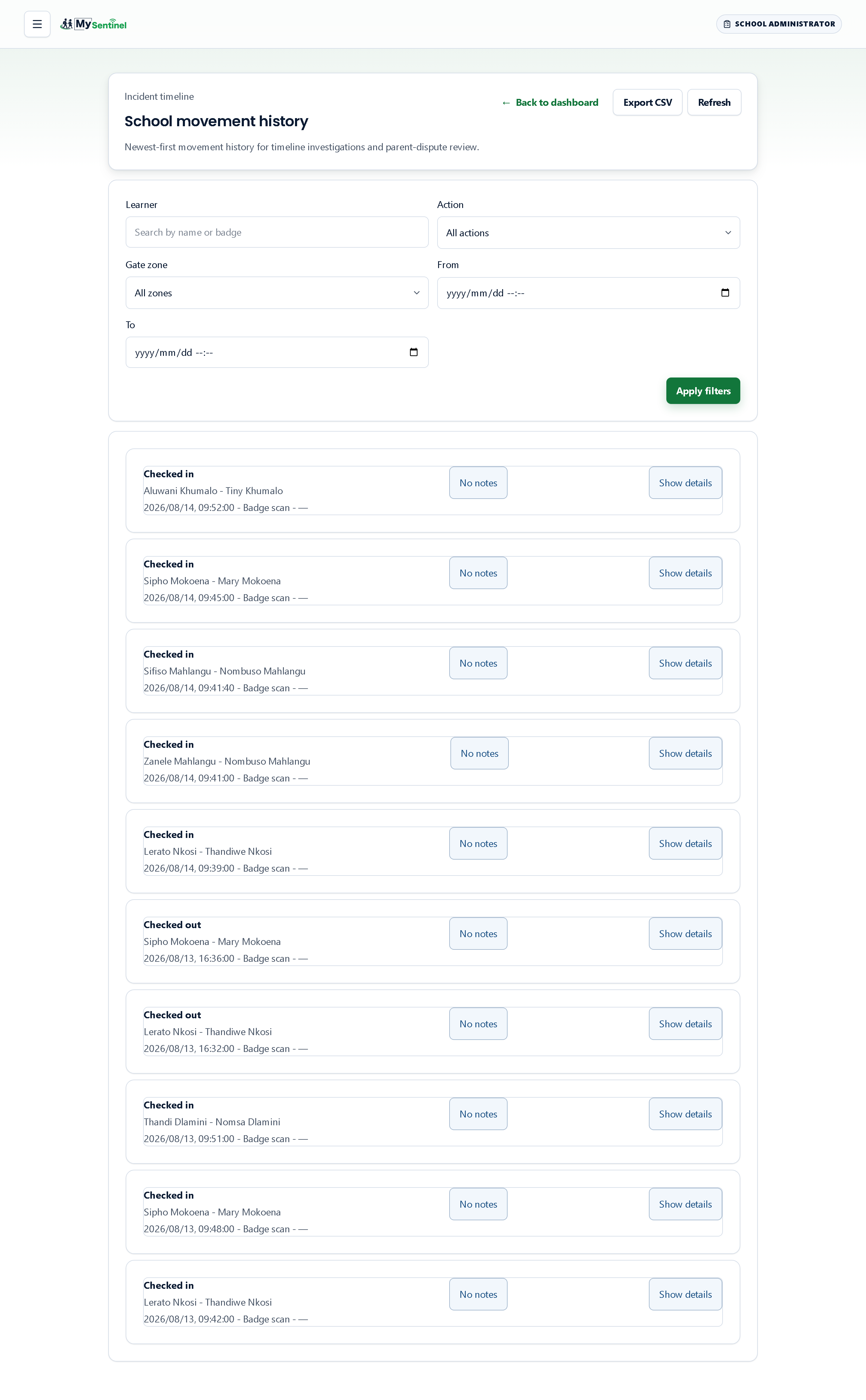 School movement history: every check-in and check-out, newest first, filtered down to the moment in question.
