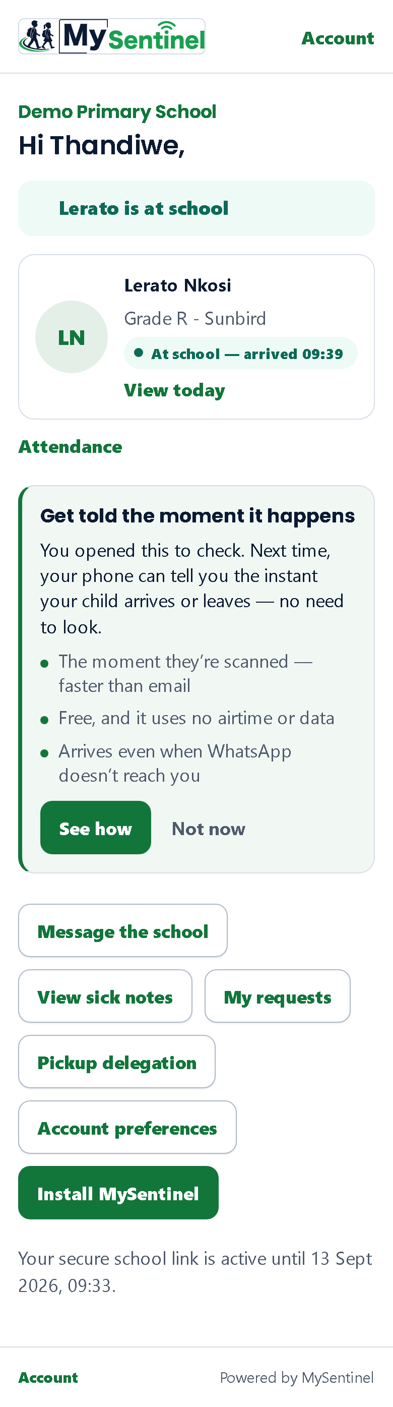 The page your link opens on: one sentence answering where everyone is, a row for each of your children, and the three tabs fixed at the bottom of the screen.