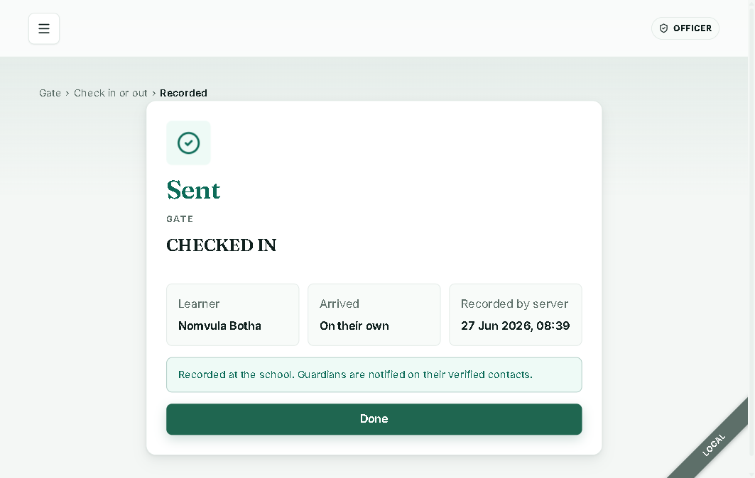 MySentinel officer gate — confirmed check-in