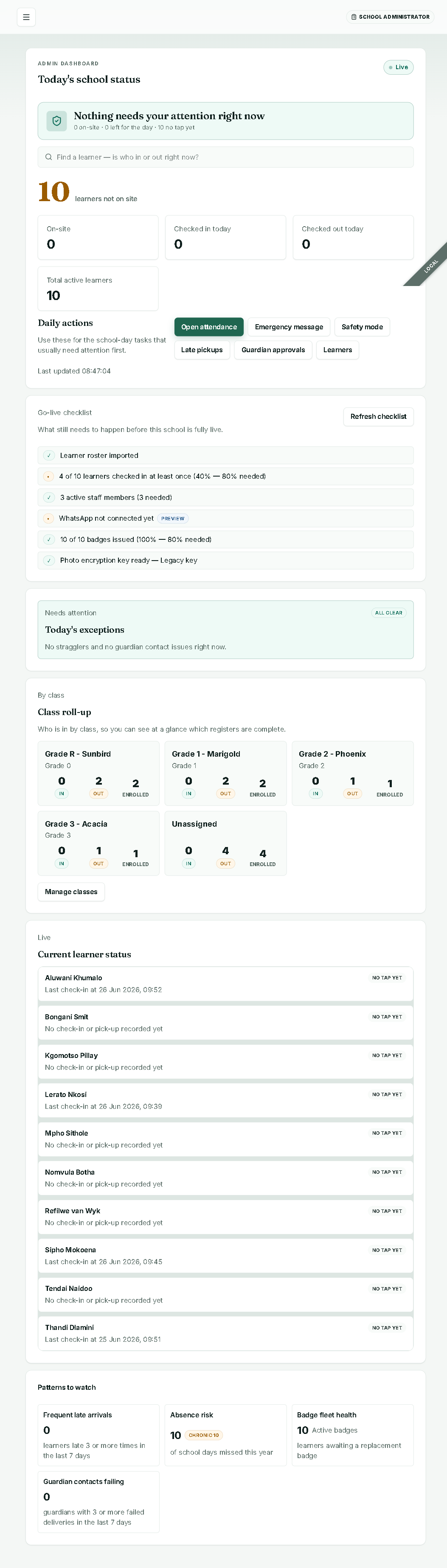 MySentinel admin dashboard — answer-first school status