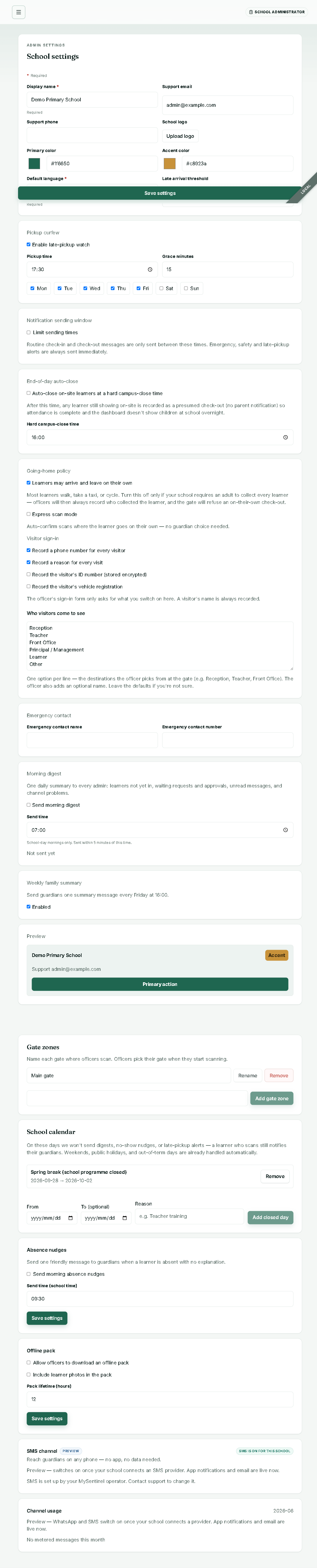 Admin settings — channel honesty, SMS marked Preview