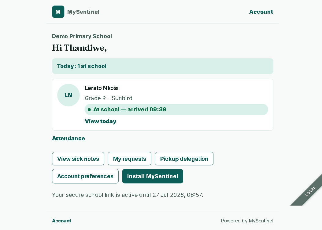 Parent portal home — per-child status, account preferences